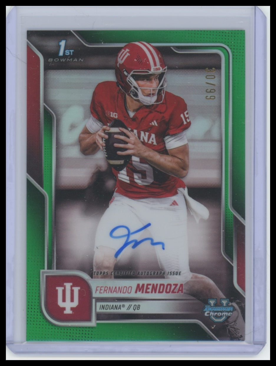 2025 Bowman University Fernando Mendoza Chrome Prospect Auto Green Refractor /99